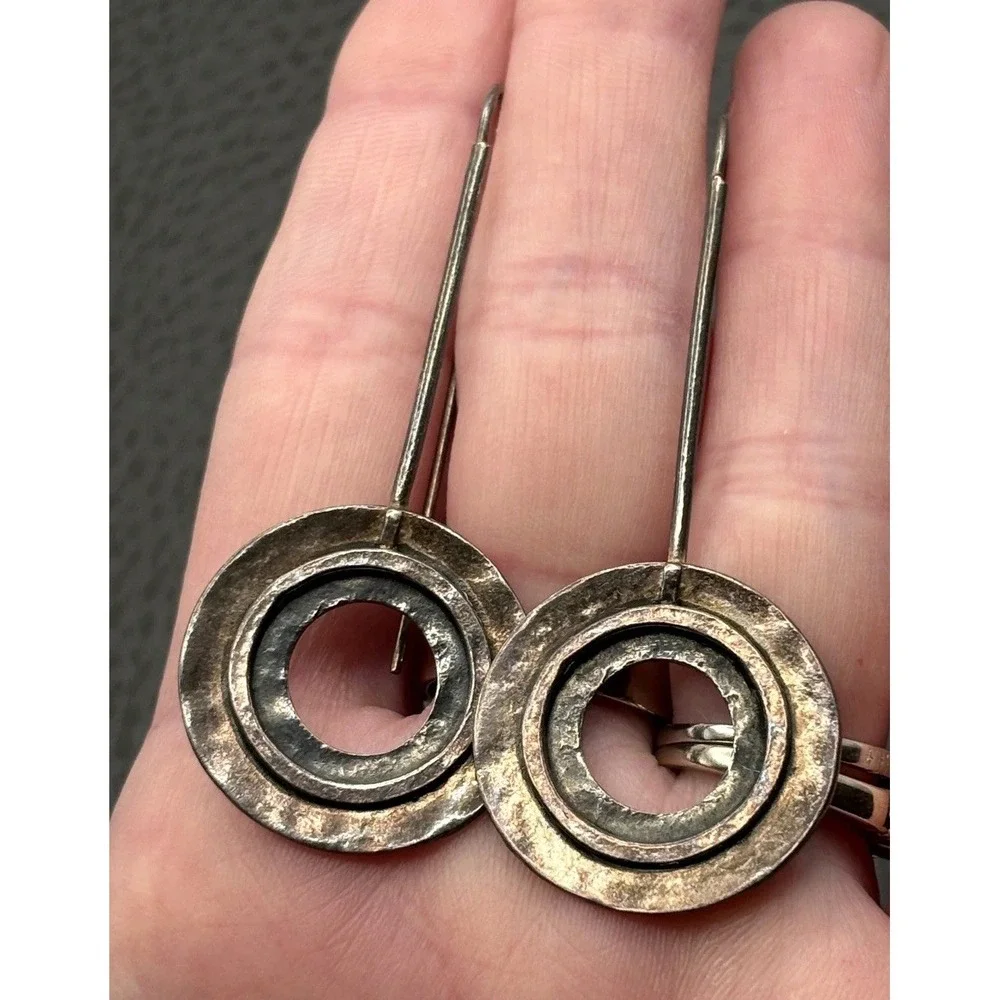 Vintage Silpada Huge Sterling Silver Hammered Circle Drop Earrings Modernist